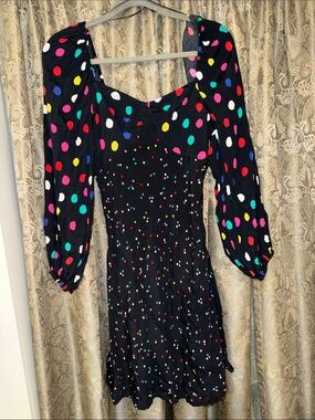 RIXO Black Long-Sleeve Polka Dot Mini Dress